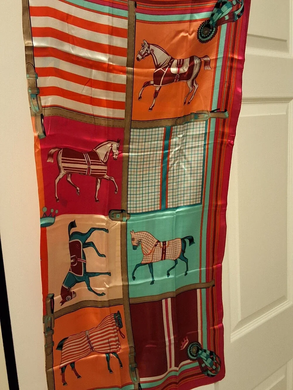 NEW, Vibrant Equestrian Print Silk Scarf - Orange, Teal, Fuchsia - Picture 3 of 7